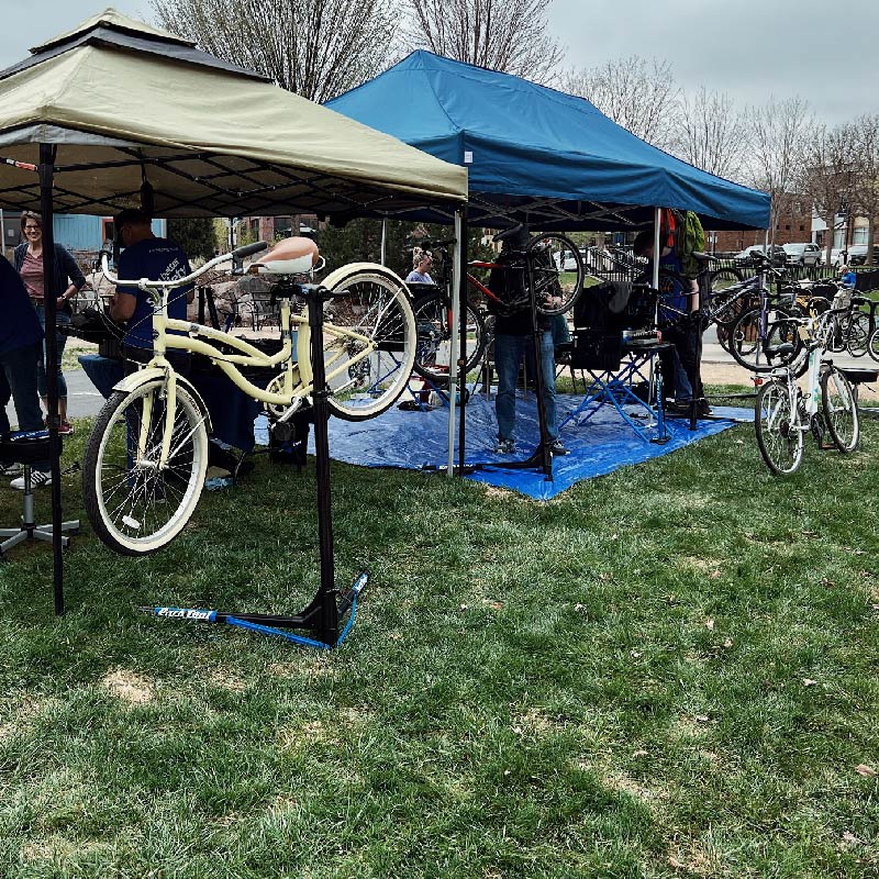 Bikes mounted under tents.